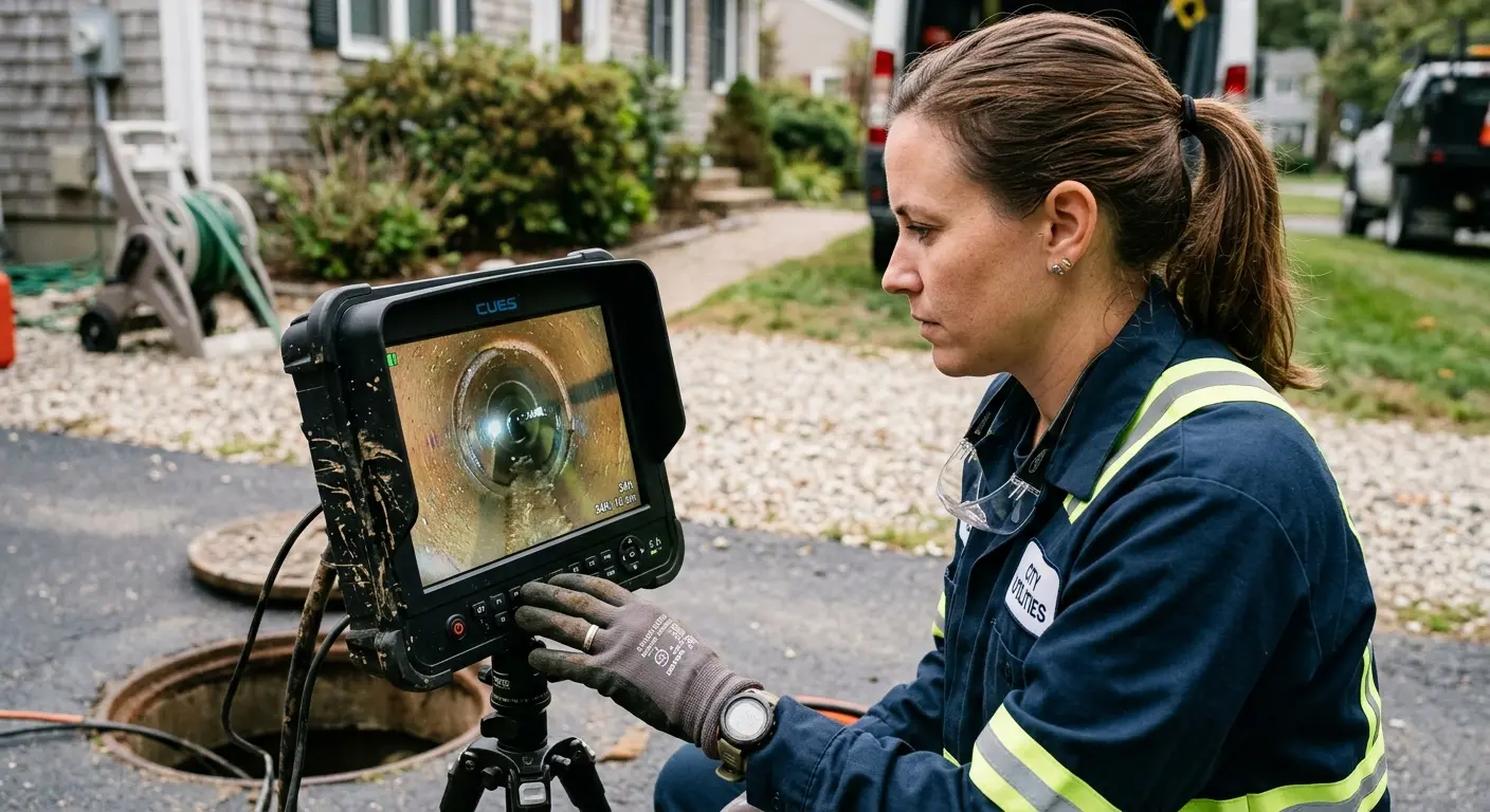 Technician reviewing sewer camera inspection footage in Dayton