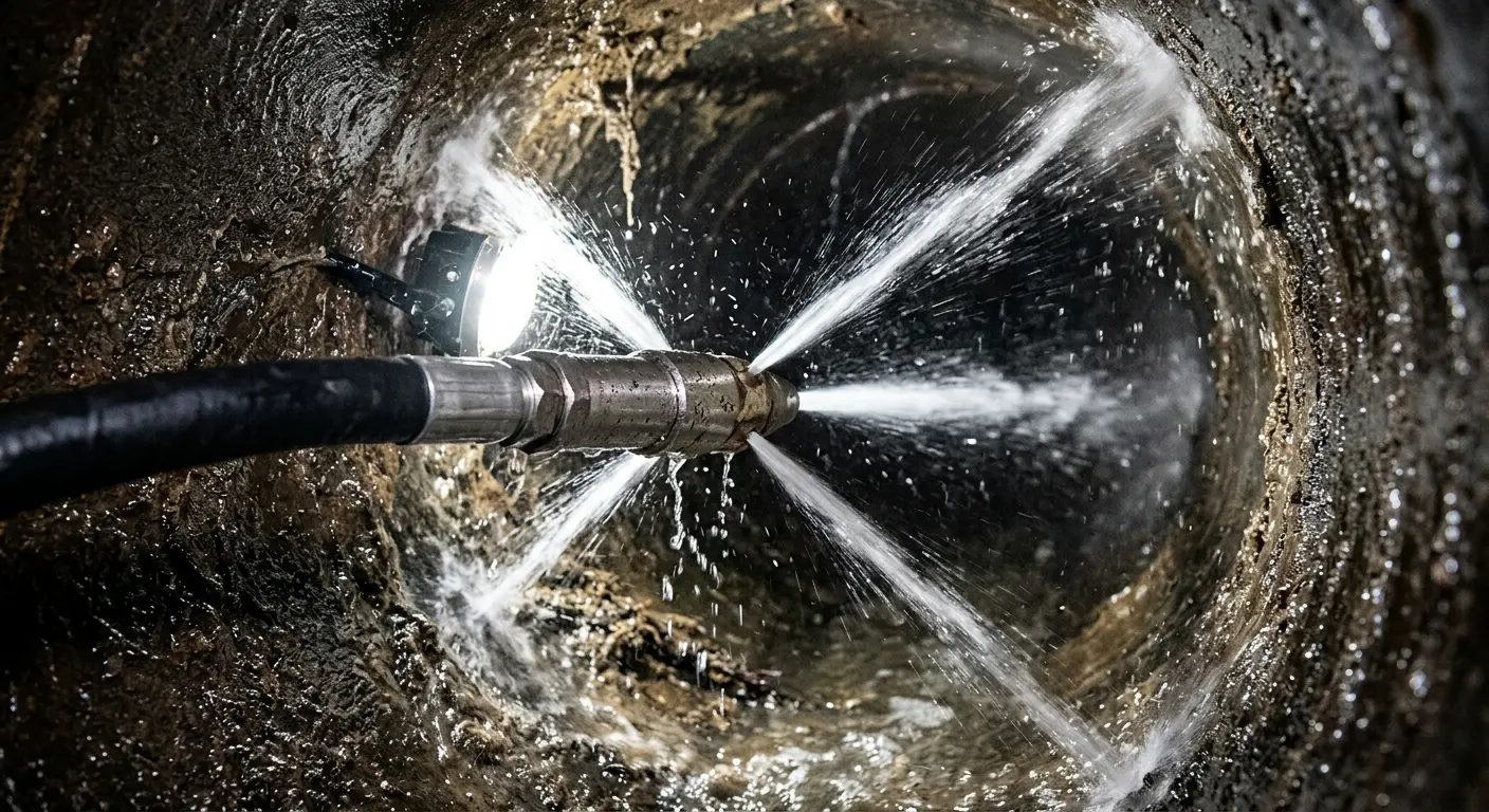 High-pressure hydro jetting nozzle cleaning sewer pipe for Emergency Drain Service in Dayton