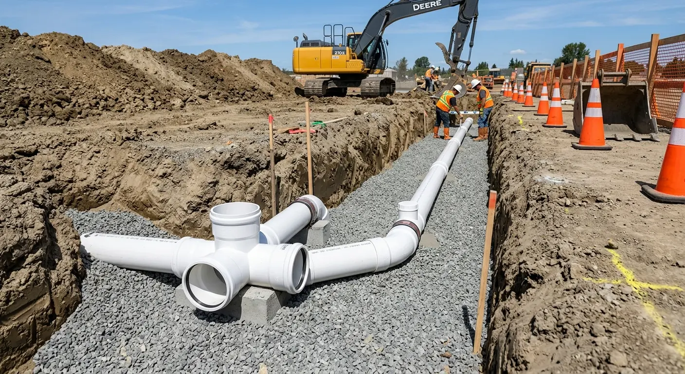 New PVC sewer pipe installation in open trench for Commercial Drain Cleaning in Dayton